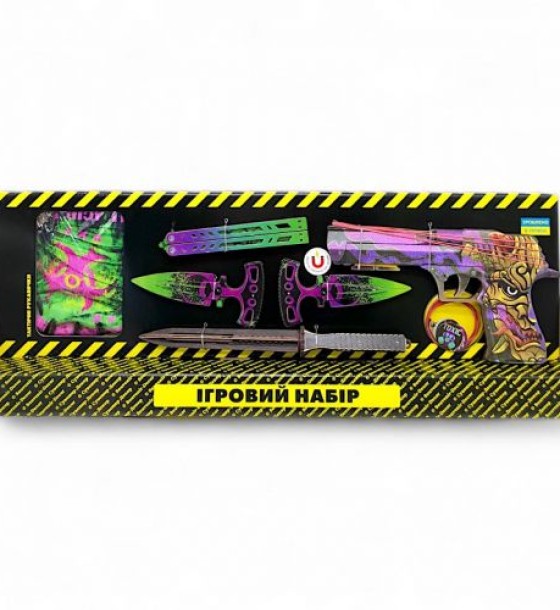 Ігровий набір "BIG BOX Orochi", деревʼяний - резинкостріл, ножі, рукавички, брелок
