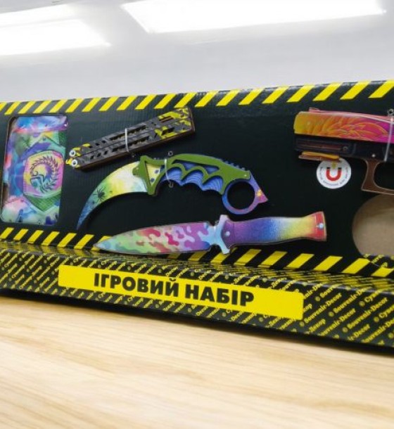 Ігровий набір "BIG BOX Nest", деревʼяний - резинкостріл, ножі, рукавички, брелок