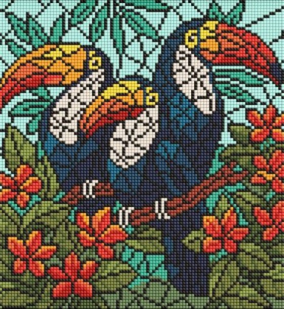 Алмазна мозаїка - "Вітраж. Тріо туканів" ©art_selena_ua, 30х30см