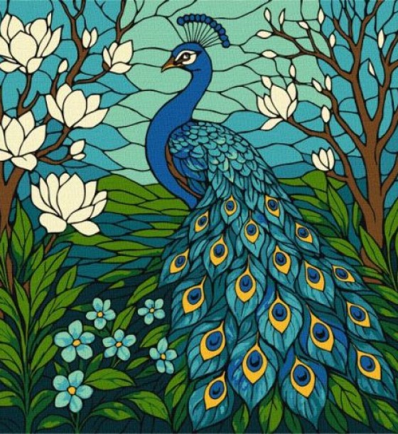 Картина за номерами - "Вітраж. Павич в магнолії" ©art_selena_ua, 30х30см