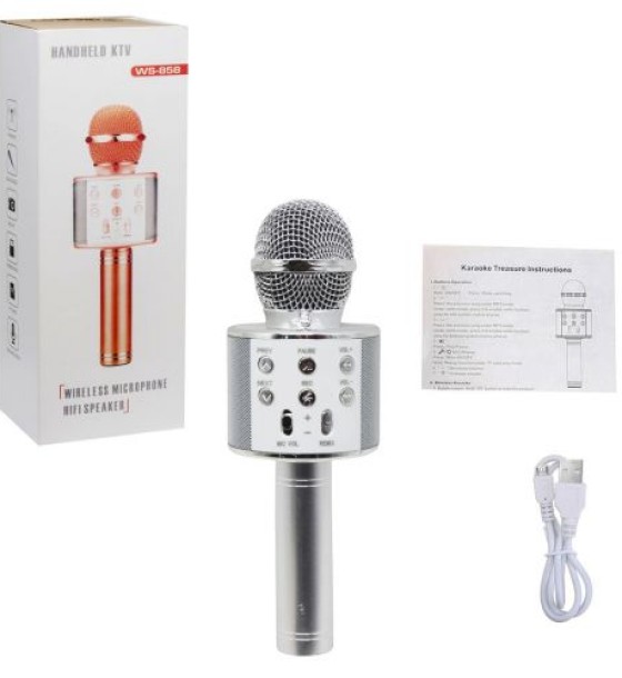 Уцінка. Бездротовий мікрофон караоке, bluetooth, USB, колонка Срібний Пошкоджена упаковка