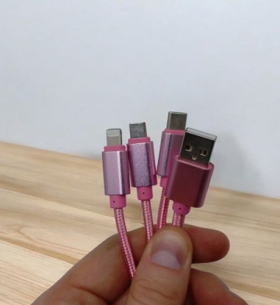Кабель тканинний 3 в 1, MicroUSB, Type-C та Lightning (рожевий)