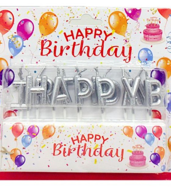 Свічки для торта "Напис- Happy Birtday" срібло 2,5 см