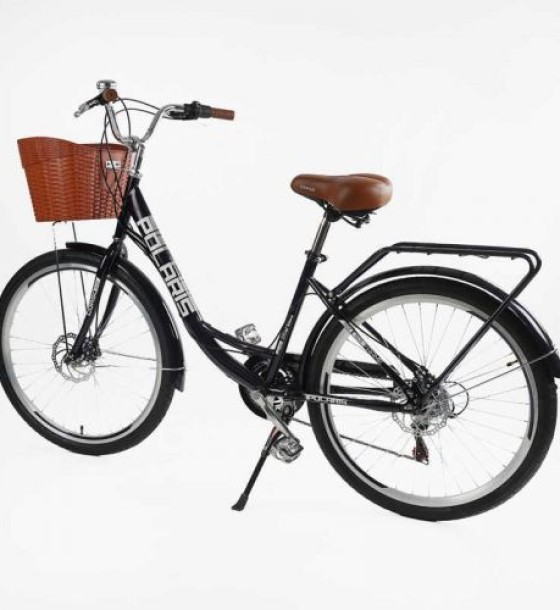 Велосипед міський Corso «Polaris» 26`` PS-36620 + КОШИК БАКЛАЖАНОВИЙ, сталева рама 16.5``, Shimano 7 швидкостей, корзина, багажник