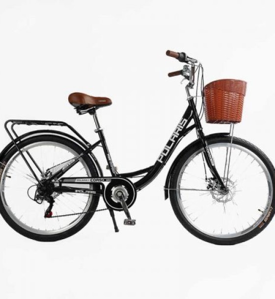 Велосипед міський Corso «Polaris» 26`` PS-80110 + КОШИК ЧОРНИЙ сталева рама 16.5``, Shimano 7 швидкостей, корзина, багажник