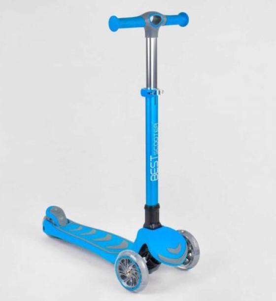 Самокат триколісний 38603 (4) Best Scooter, БЛАКИТНИЙ, складне алюмінієве кермо, 4 колеса PU зі світлом, d = 12 см