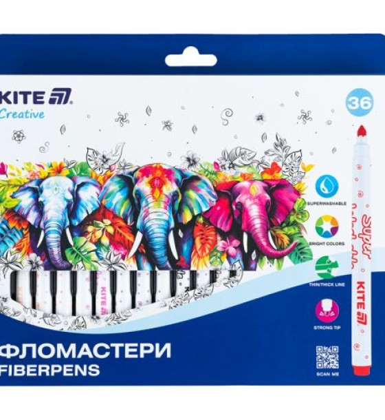 Фломастери, набір 36шт, Kite Creative Superwashable