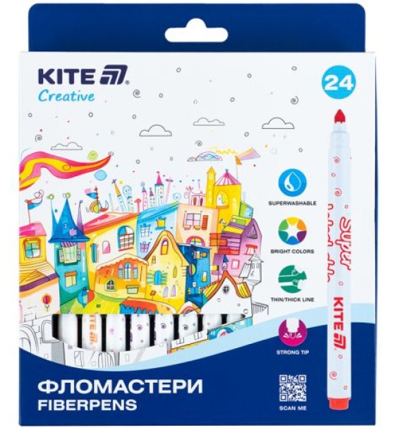 Фломастери, набір 24шт, Kite Creative Superwashable