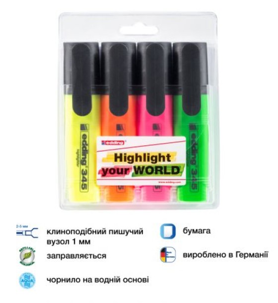 Маркер Highlighter e-345 набір 4 шт. (блістер PVC)