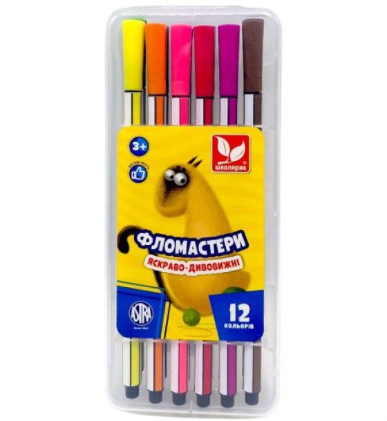 Фломастери шестигранні у пластиковій коробці 12 кольорів